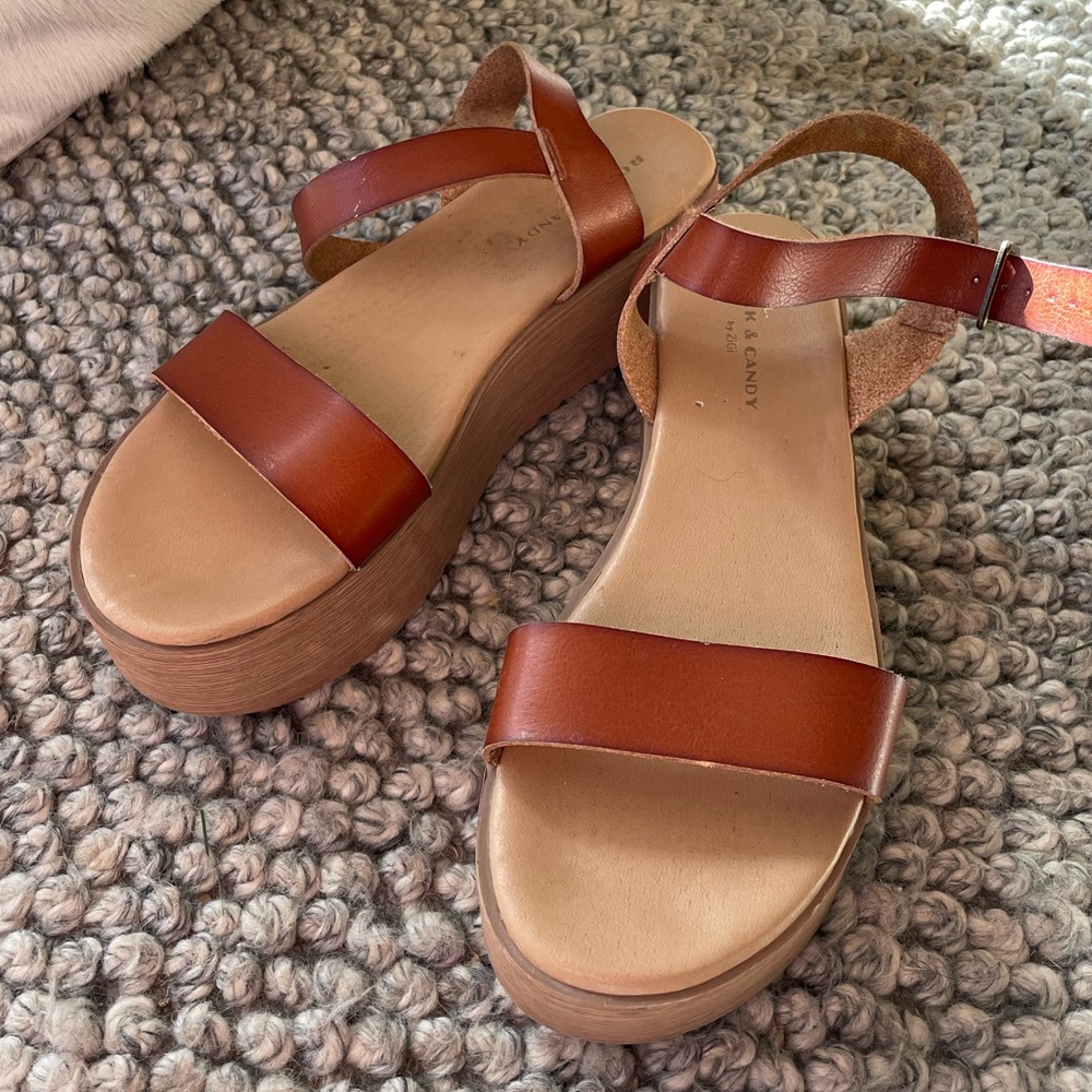 Rock & Candy W 9.5 Brown Strappy Ankle Leather Platform Sandals